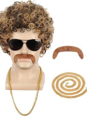 Short Curly Mens 70s Afro Disco Wig With Mustache Necklace